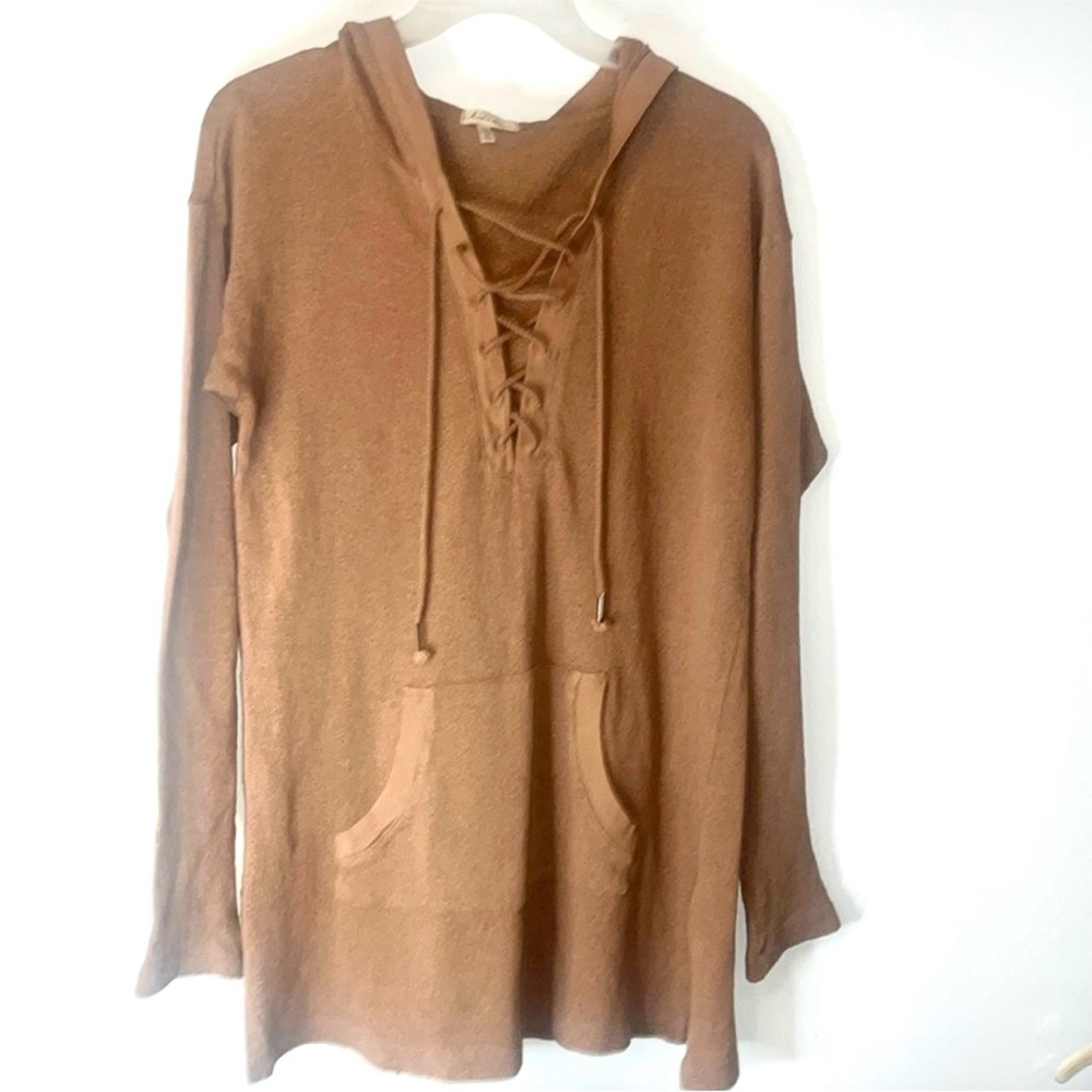 Mod-o-doc Sweatshirt Kangaroo Terry Hoodie Quarter length Tieup VNeck Brown Med